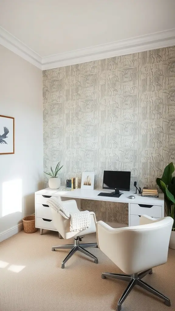 A home office featuring a textured neutral accent wall, white desk, two chairs, and a plant.