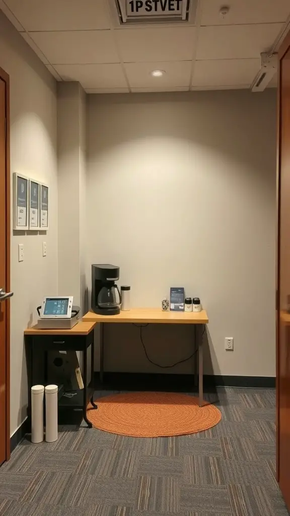 A corner home office setup with a coffee maker, small table, and a rug, creating a cozy coffee station.