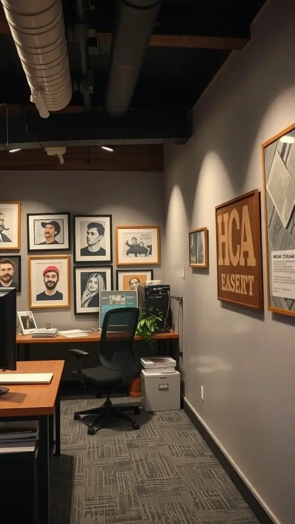 A stylish basement office with a gallery wall of framed artworks and a desk setup.