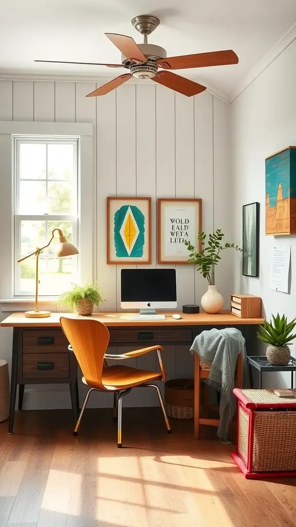 A farmhouse-inspired home office with colorful accessories, including wall art, plants, and a vibrant chair.