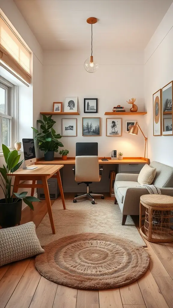 A cozy small office with wooden furniture, a comfortable couch, plants, and decorative wall art.
