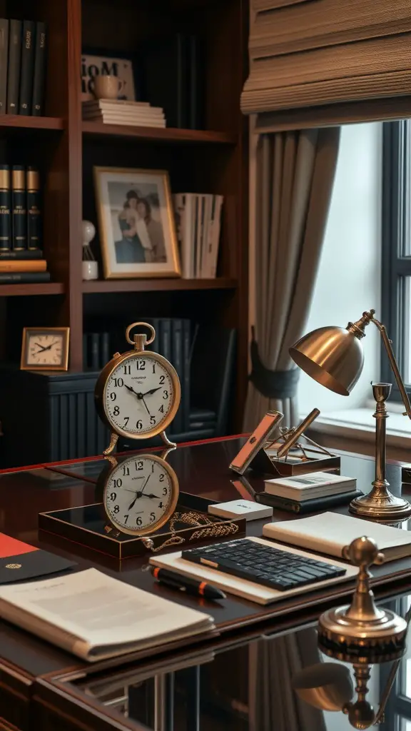 A stylish office setup featuring a classic clock, elegant lamp, organized desk, and bookshelf with decorative elements.