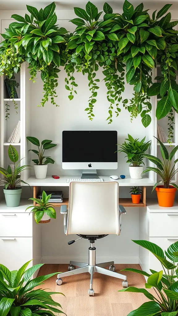 A modern built-in office desk surrounded by various indoor plants, featuring a computer and a comfortable chair.