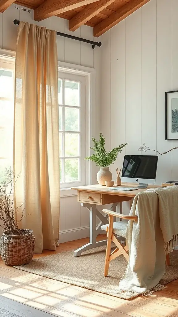 A cozy farmhouse home office with natural fabrics, featuring light curtains, a wooden desk, and a green plant.