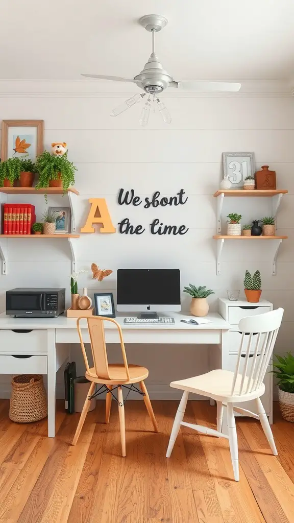 A cozy farmhouse home office with playful decor, plants, and a cheerful atmosphere.
