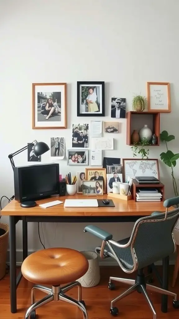 A small office setup with a desk, photos on the wall, and plants, creating a personal workspace.