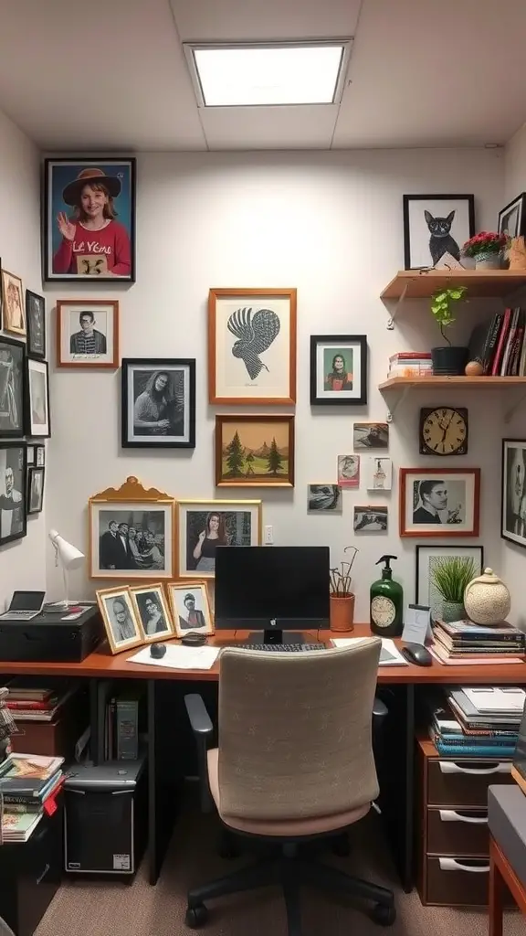 A cozy office space with framed photos, artwork, a computer, and decorative plants.