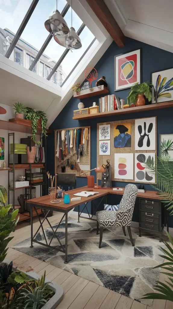 An artistic loft design brings a creative and urban touch to your small home office. This style features industrial elements, bold colors, and creative decor. Start with a desk that showcases an industrial aesthetic, with metal legs and a wooden top. Pair it with a comfortable chair in a bold color or pattern.