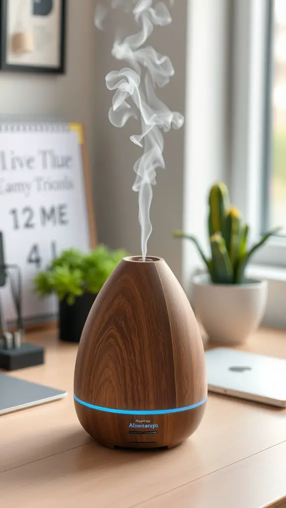 A wooden aromatherapy diffuser emitting mist on a desk with a plant and a laptop