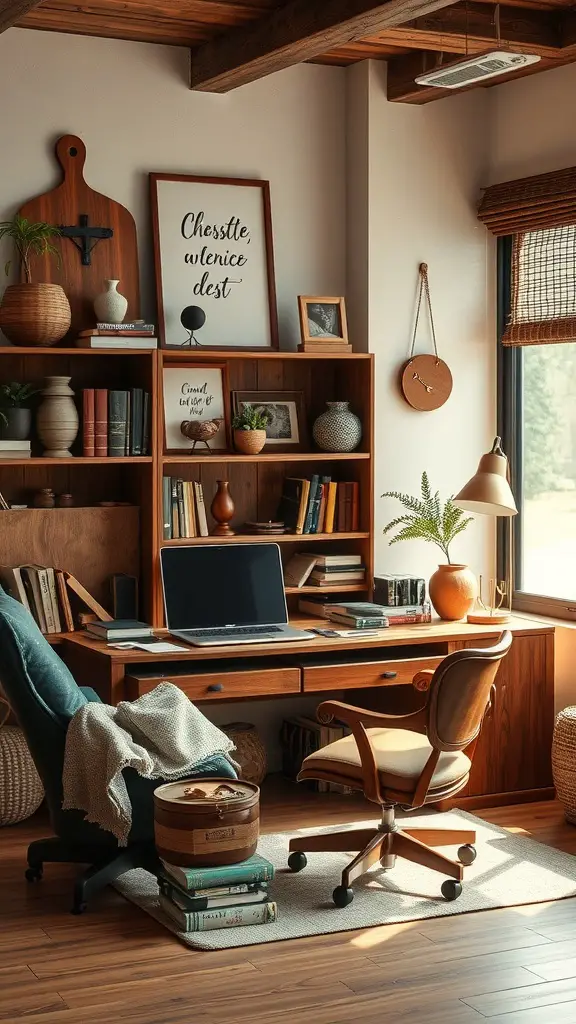A cozy home office with a wooden desk, shelves filled with books and decor, and a comfortable chair.