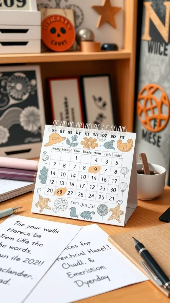 A colorful desk calendar with illustrations, set on a wooden desk alongside notes and a pen.