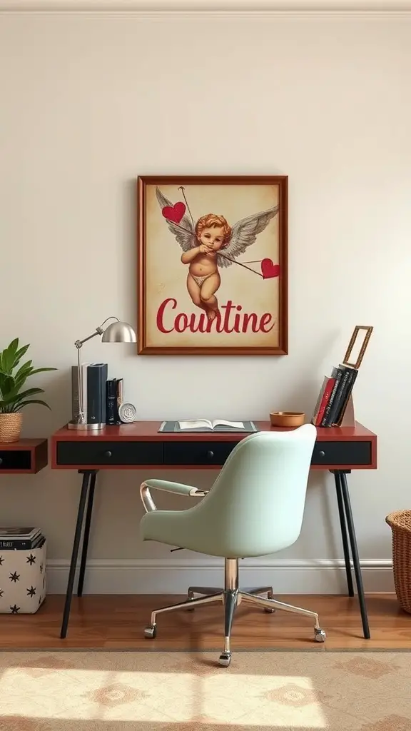 A home office decorated with a Cupid-themed artwork, featuring a cherub surrounded by hearts.