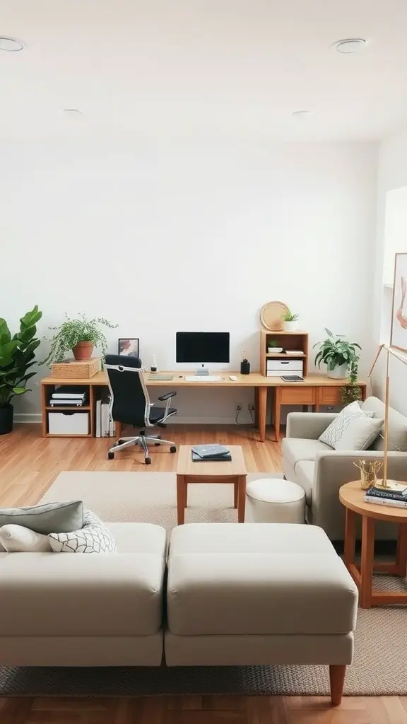 A neutral home office featuring balanced furniture arrangements with a desk, chair, sofa, and plants.