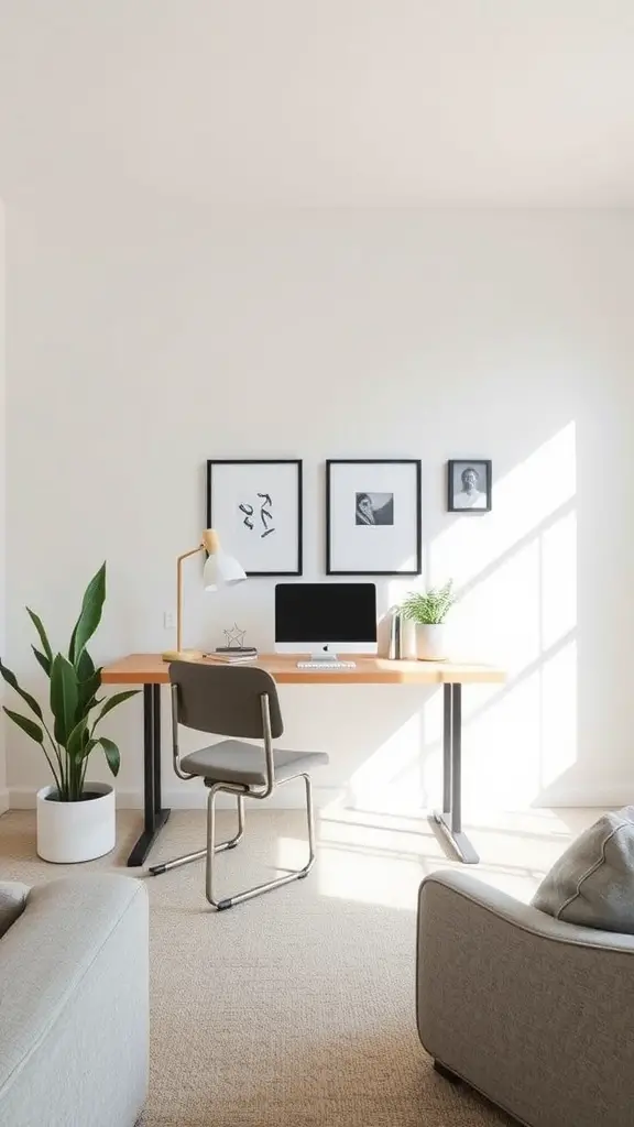 A neutral home office with a wooden desk, a computer, and a plant, featuring artwork on the wall and bright natural light.
