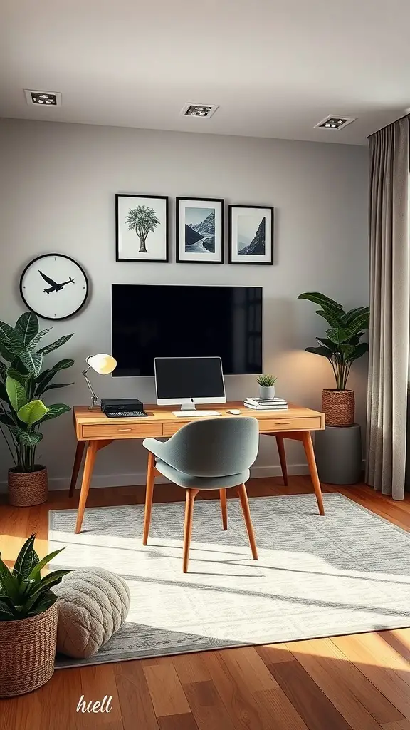 A stylish home office and TV room combo featuring a wooden desk, a computer, plants, and framed nature pictures.