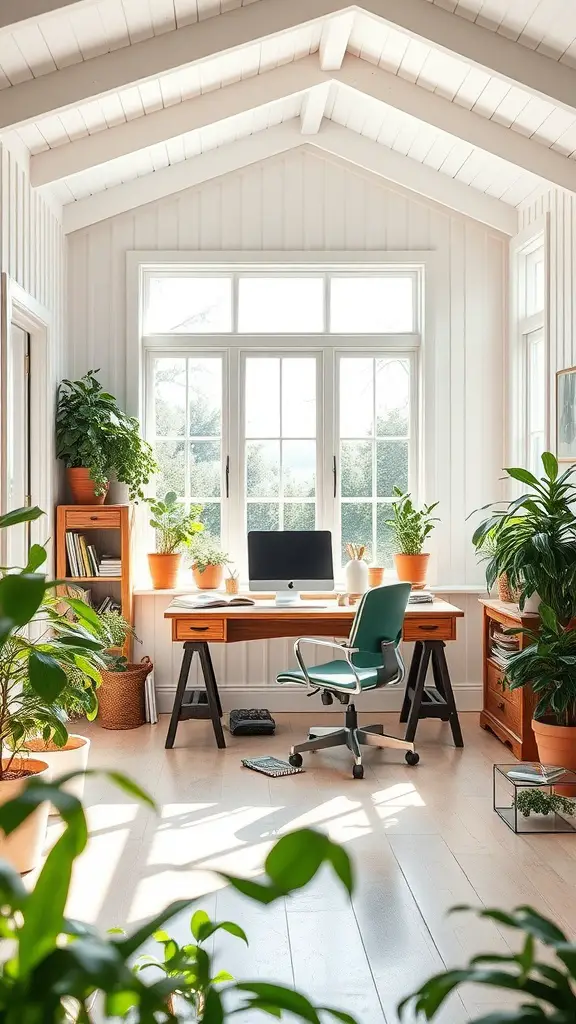 Bright farmhouse home office featuring large windows, a wooden desk, and plants.