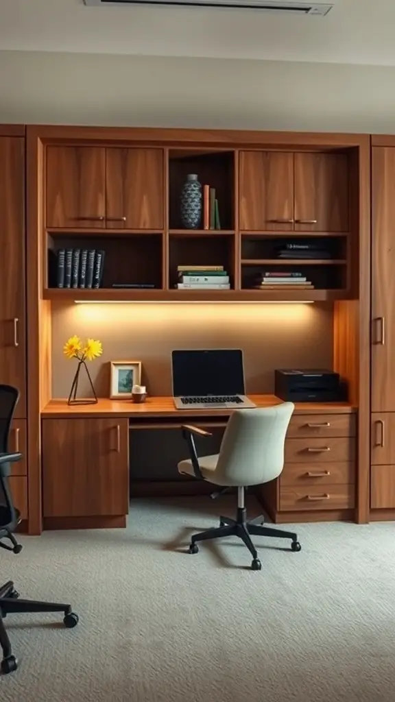 A modern built-in office desk with shelves, drawers, and warm lighting