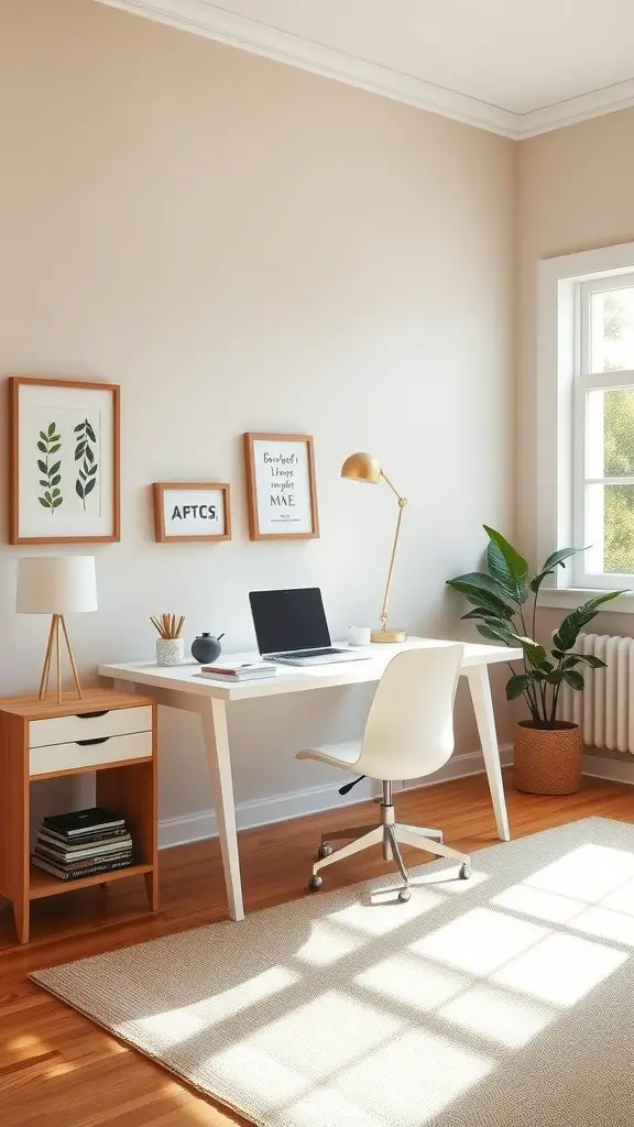 A modern home office with beige walls, a white desk, and a comfortable chair, featuring plants and framed art.