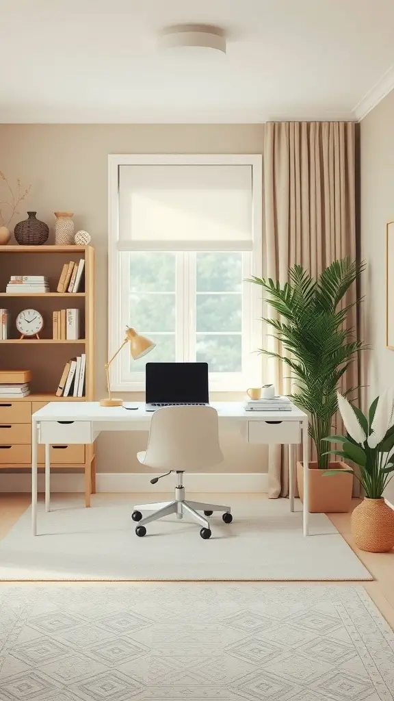 A bright and neutral home office with a desk, chair, plants, and wooden shelves.