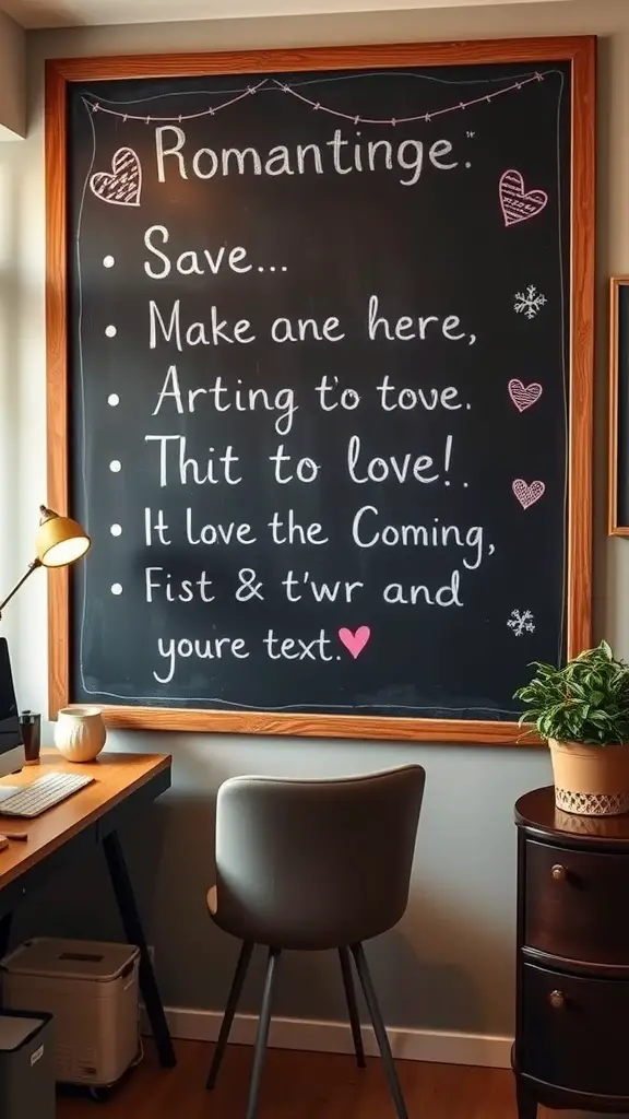 A chalkboard with romantic messages and decorations in a cozy home office setting.