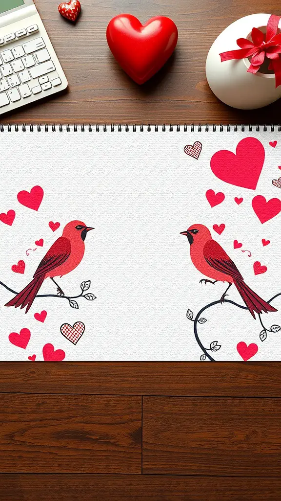 A charming desk mat with red cardinals and hearts on a wooden desk with a calculator and a heart-shaped decoration.