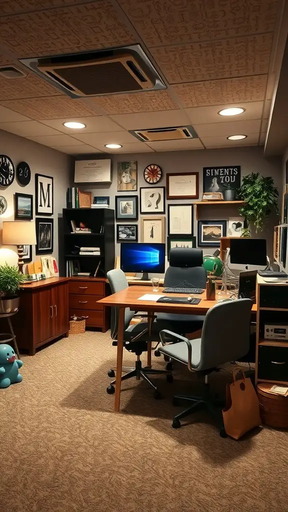Cozy home office in a basement with wooden furniture, comfortable chairs, and wall art.