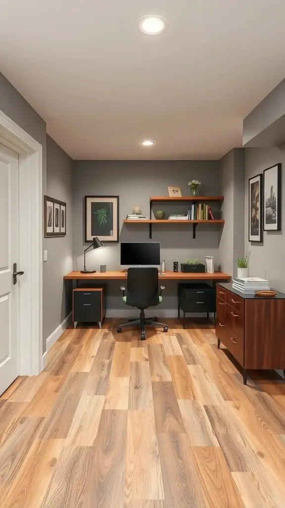 A stylish basement home office with wooden flooring, a desk, and decorative elements on the walls.