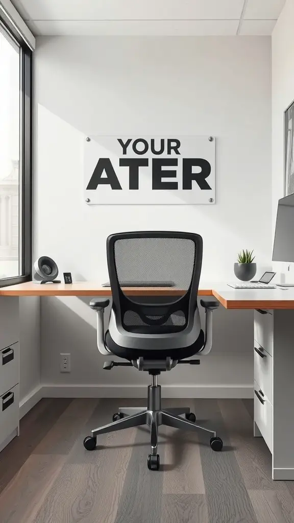 A modern ergonomic office chair with a sleek design in a small office setup.