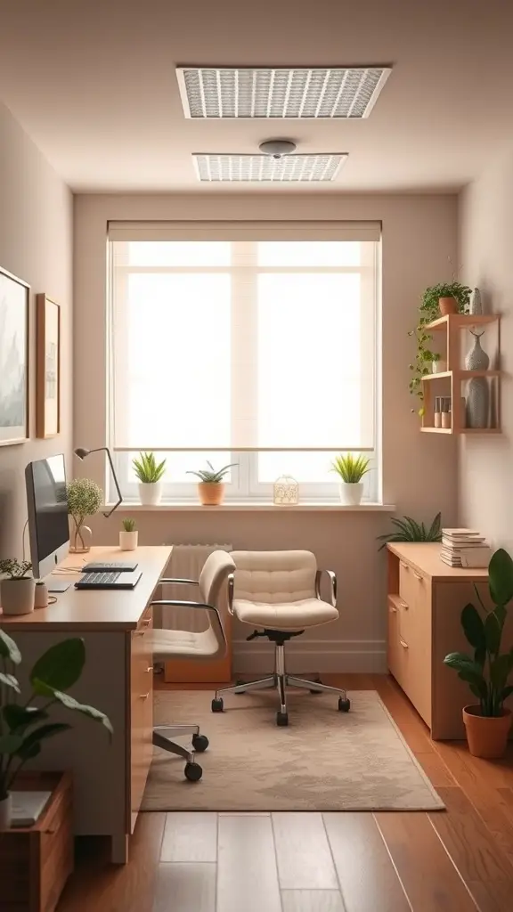 A small office space featuring light walls, wooden furniture, and green plants, creating a calm and inviting environment.