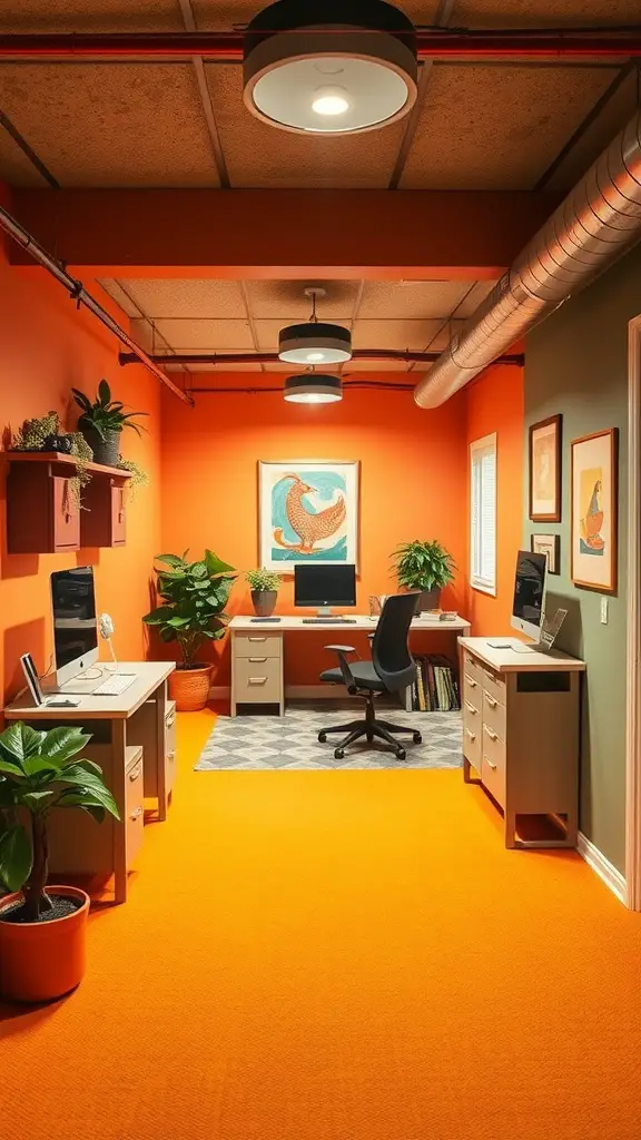 A basement office featuring orange walls, a bright orange carpet, and plants. The space includes two desks with computers and a cozy vibe.