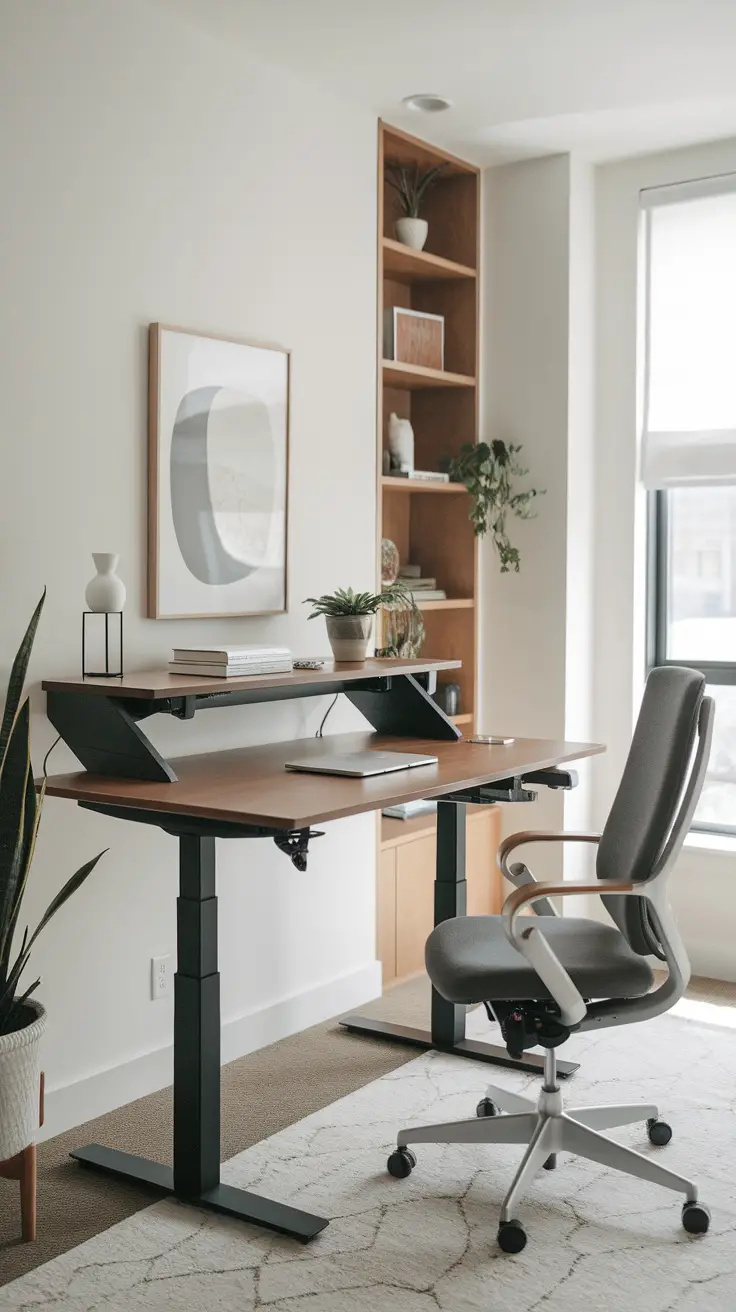 A modern home office with a stylish desk and ergonomic chair, decorated with plants and bookshelves.