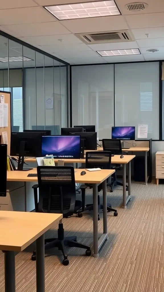 A modern office space featuring multiple desks and computers, highlighting a practical workspace arrangement.