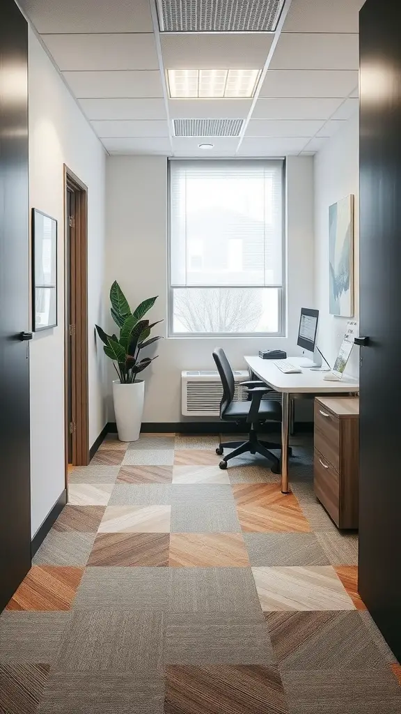 A modern small office with patterned flooring, a desk, chair, and a window.