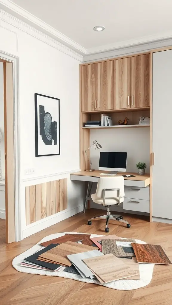 A modern office with a built-in desk, featuring wood samples on the floor, showcasing various material choices for desk construction.