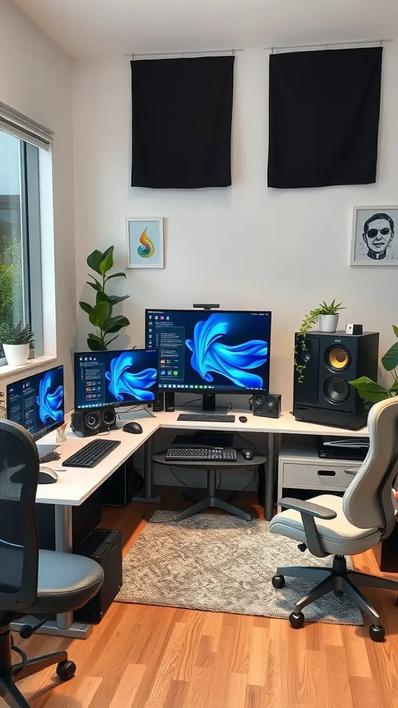 Home office and TV room combo with dual monitors, speakers, and plants
