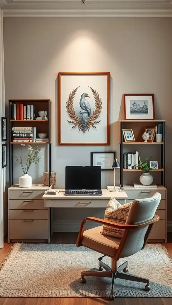 A neutral toned home office with wooden shelves, a modern desk, and colorful artwork.