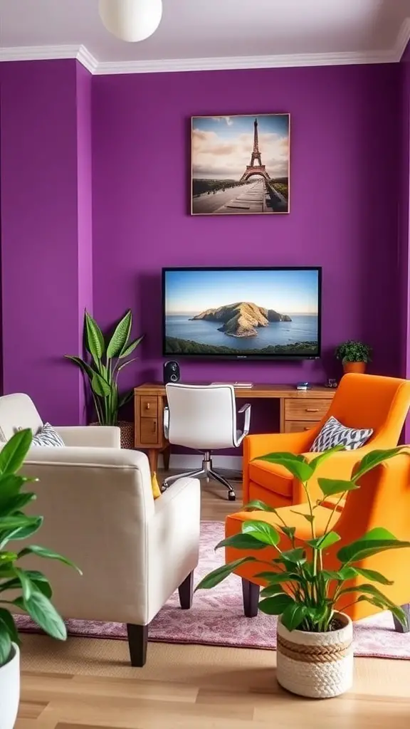 A cozy home office and TV room combo featuring a purple wall, stylish furniture, and decorative elements.
