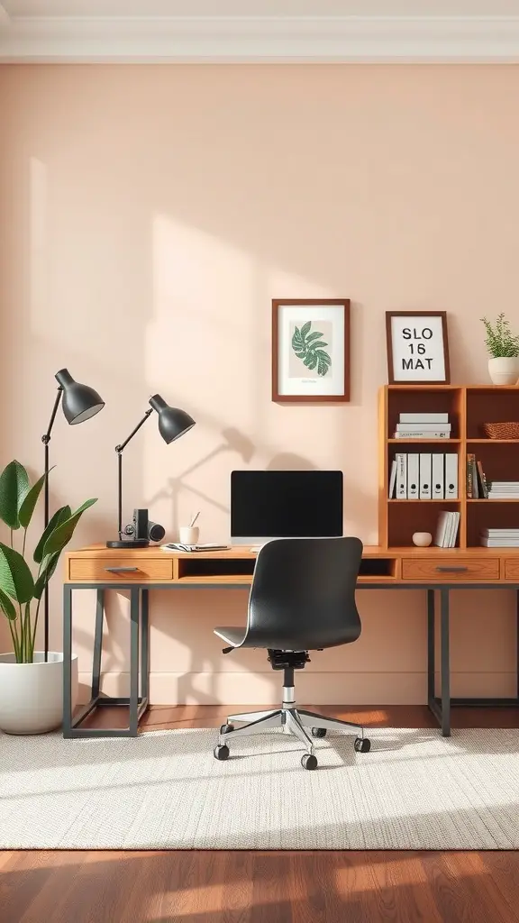 A modern home office featuring a wooden desk, black chair, plants, and soft peach wall.