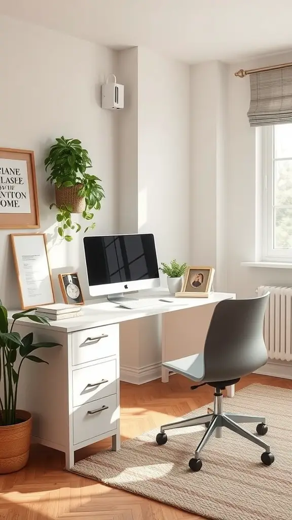 A bright and neutral home office featuring a clean desk, an iMac, a plant, and natural light.