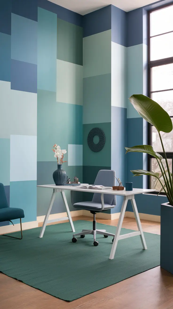 A modern home office with blue and green color scheme, stylish desk, and plant.