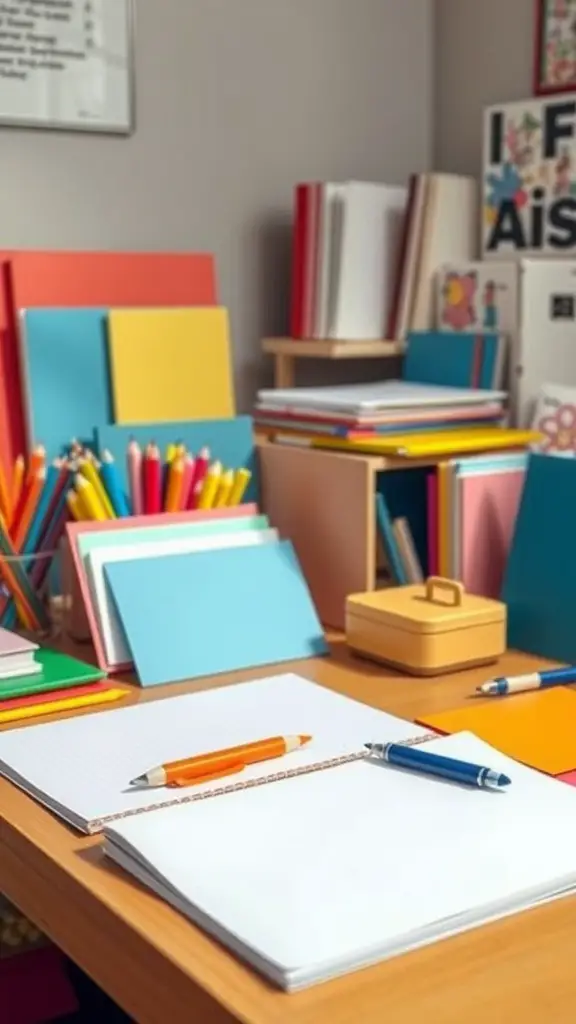 Colorful stationery collection on a desk, featuring notebooks, paper, and pens.