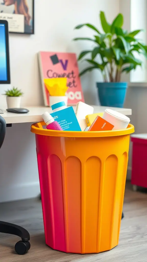 A bright yellow waste bin against a turquoise background with playful text above it.