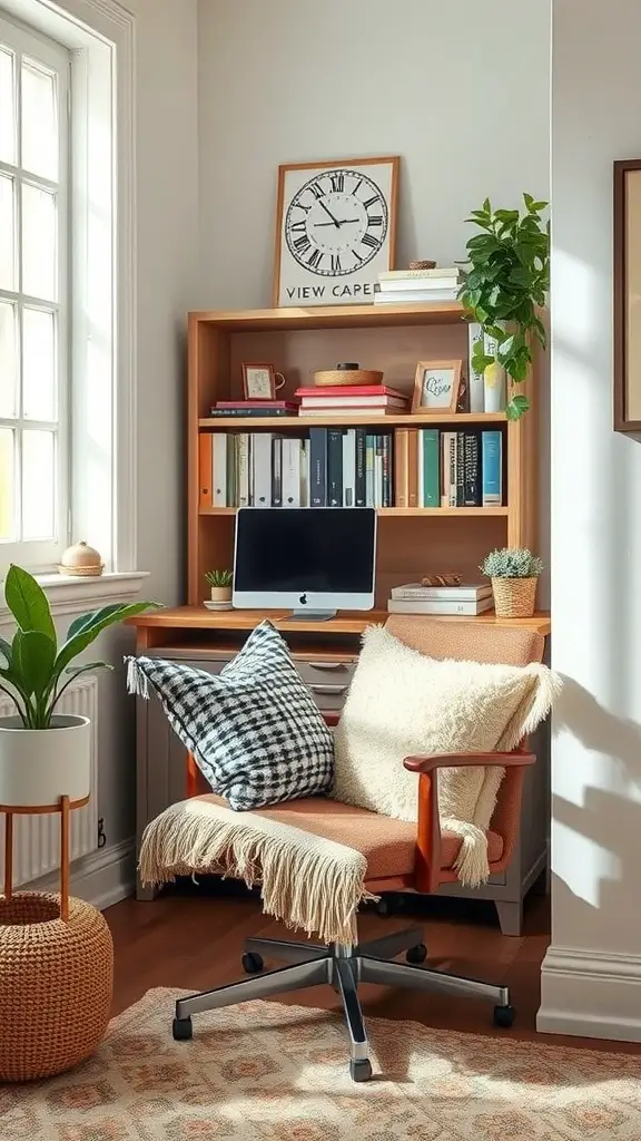 A cozy home office space with a chair featuring comfortable throw pillows, a desk with books and a computer, and a plant.