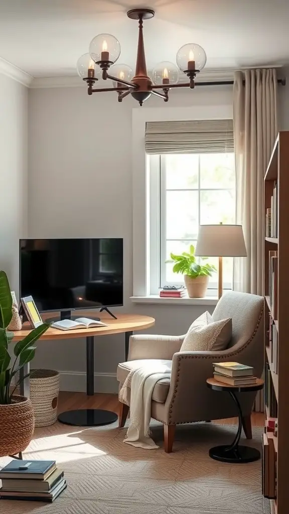 Cozy home office TV room combo featuring a comfortable chair, small table, and plants