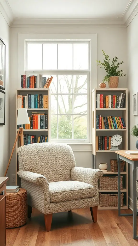 A cozy reading nook featuring a comfortable chair, bookshelves filled with books, and a plant in a farmhouse home office setting.