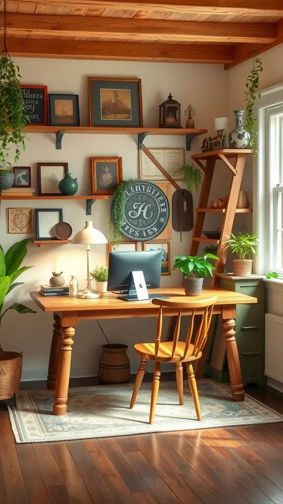 A cozy rustic home office with a wooden desk and shelves filled with decorative items and plants.