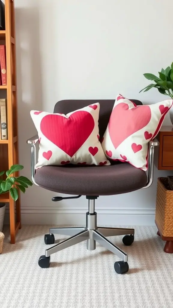 Two heart-patterned throw pillows on a cozy office chair