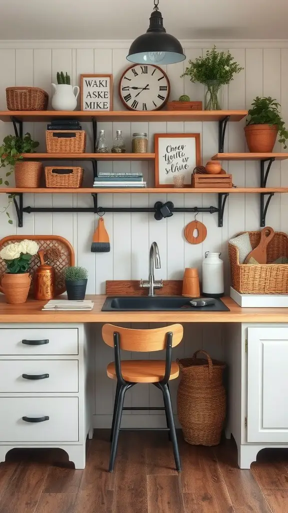 A cozy farmhouse home office workspace featuring a wooden desk, open shelves with decorative items, plants, and a stylish light fixture.