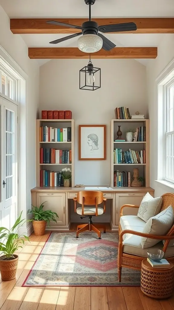 A cozy farmhouse home office with bookshelves, a desk, and a reading nook