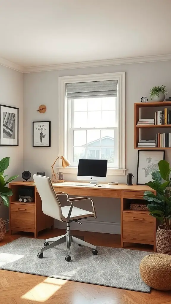 A neutral-themed home office featuring a wooden desk, white chair, and plants